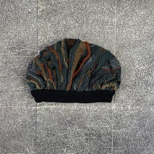 Men's Vintage 90's Emaroo Coogi Textured Knit 3D Blue Wool Skull Cap Beanie Hat